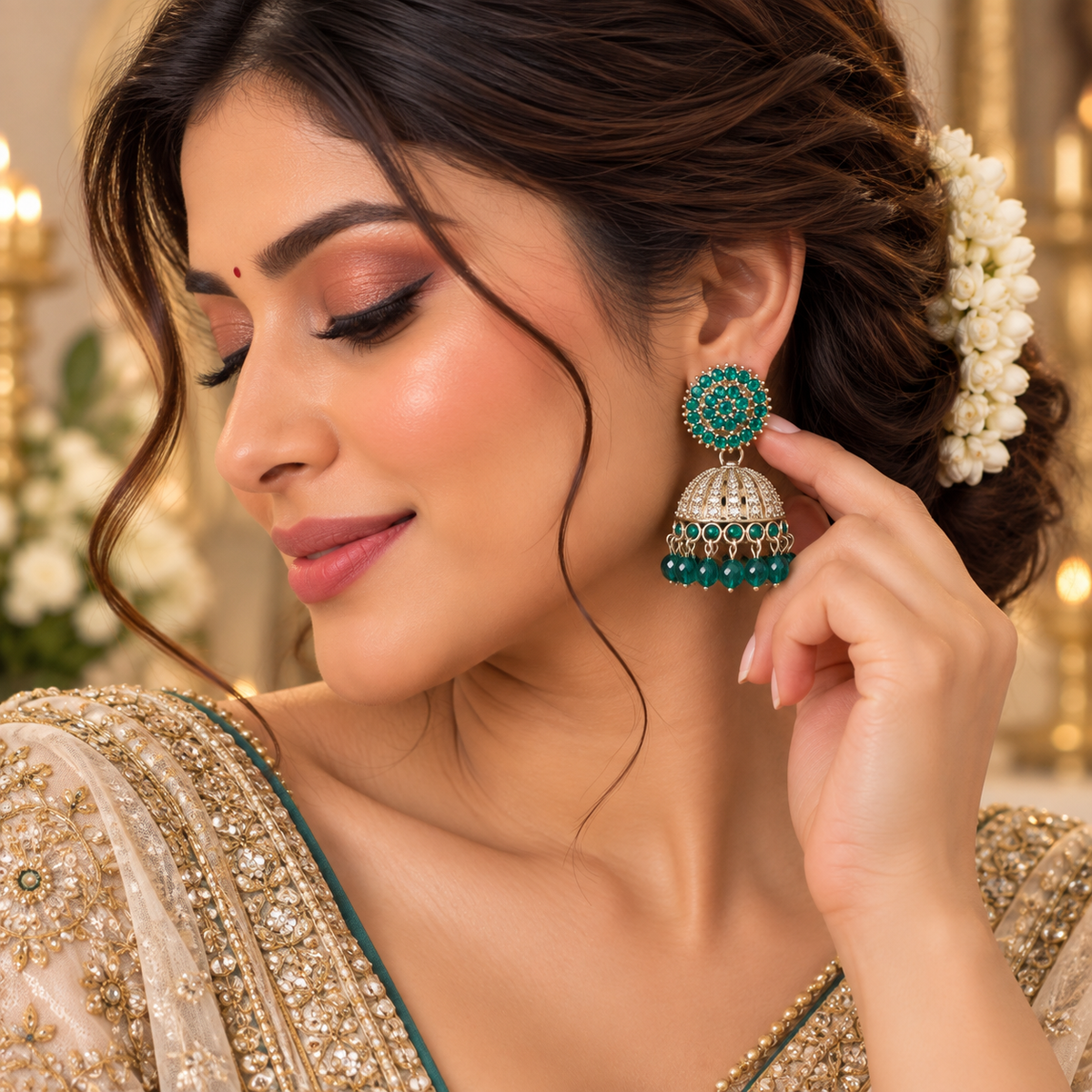 Emerald green stone jhumka earrings styled on a woman