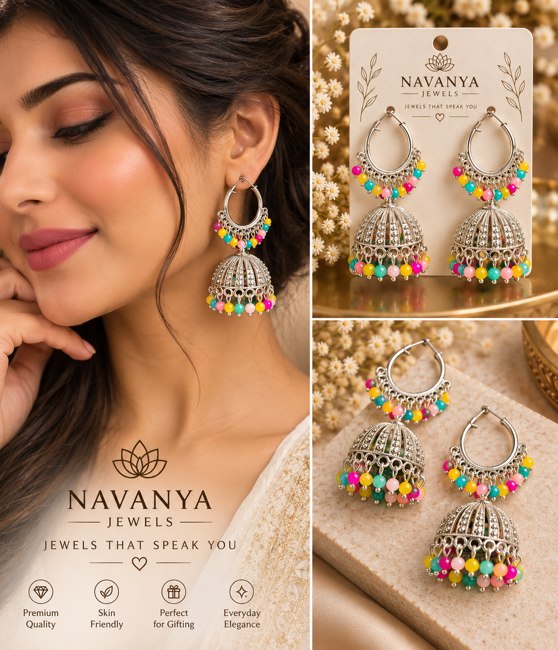 Colorful Silver Jhumka Earrings