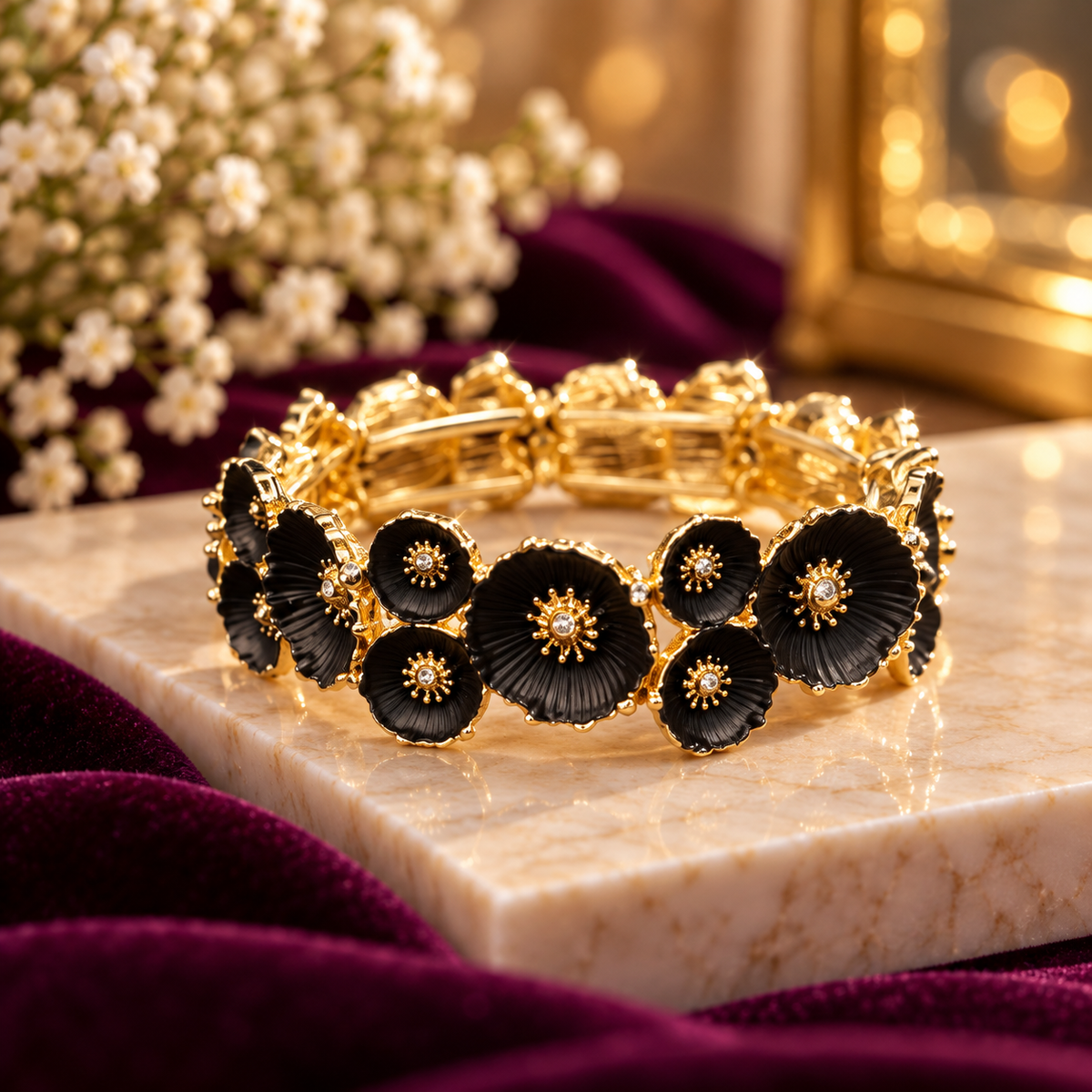Navanya Black Blossom Gold Bracelet