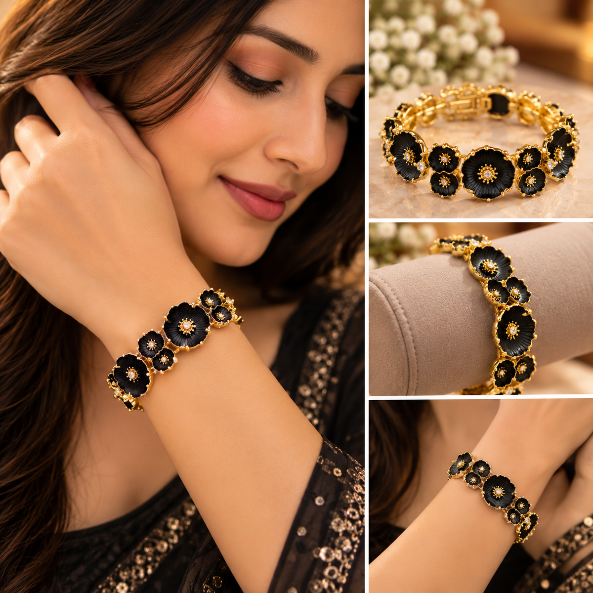 Navanya Black Blossom Gold Bracelet
