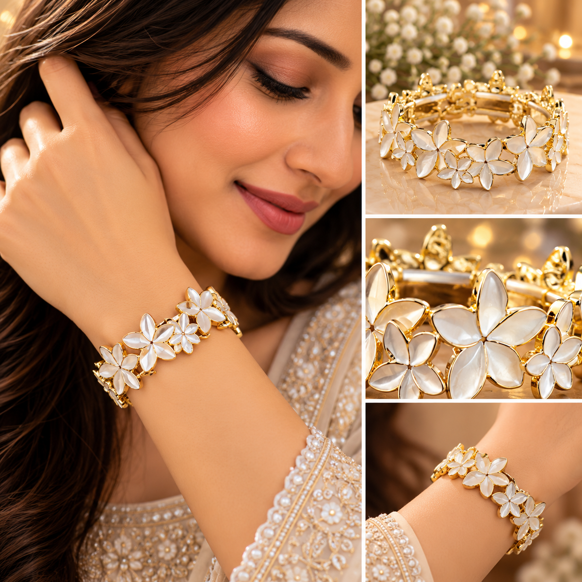 Navanya White Golden Blossom Floral Bracelet