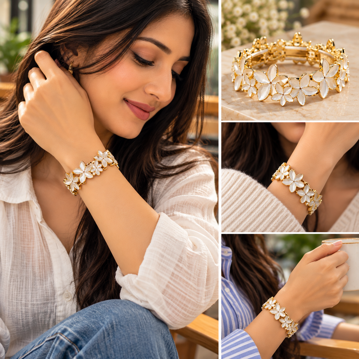 Navanya White Golden Blossom Floral Bracelet