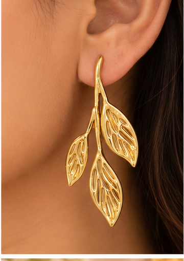 Navanya Golden Leaf Drop Earrings