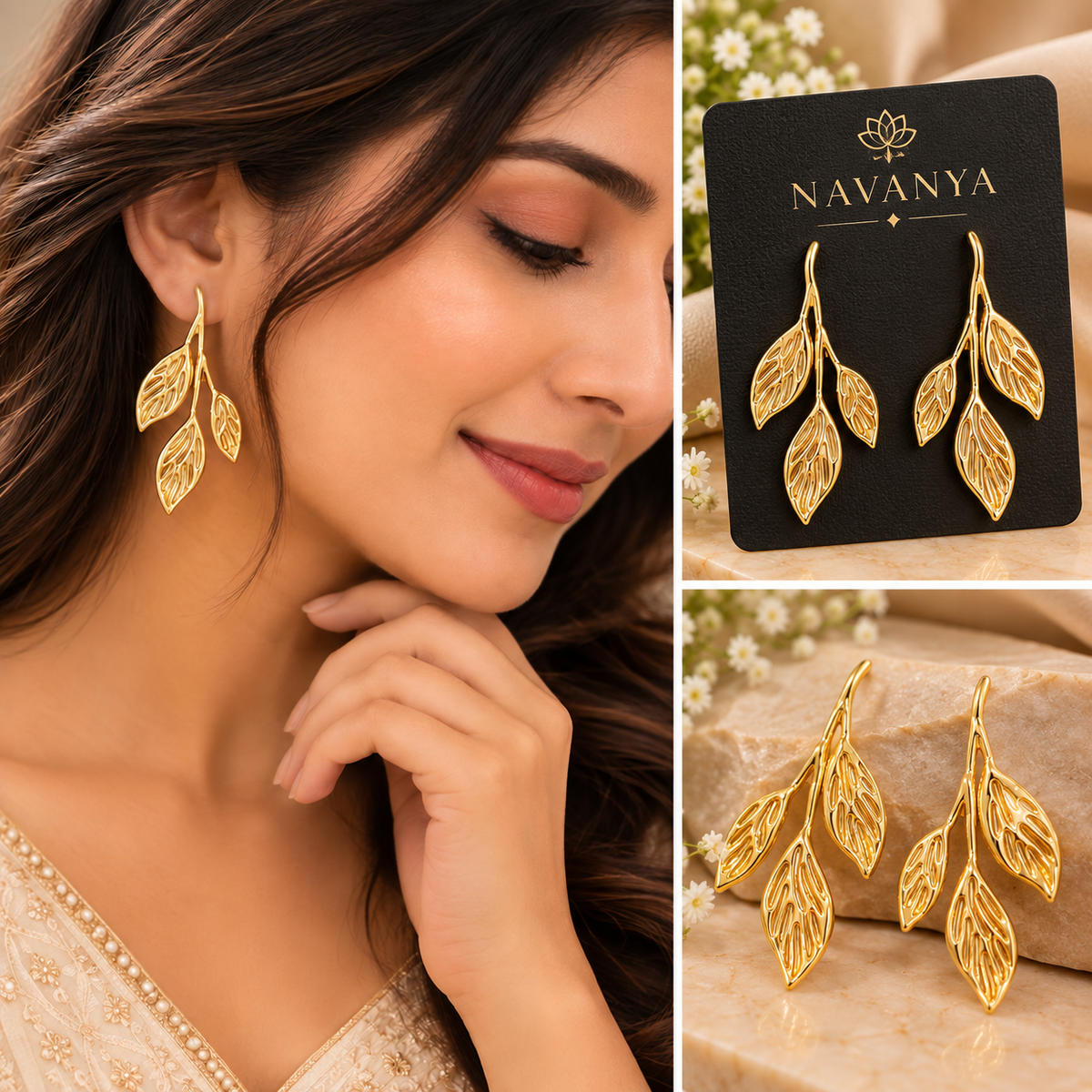 Navanya Golden Leaf Drop Earrings