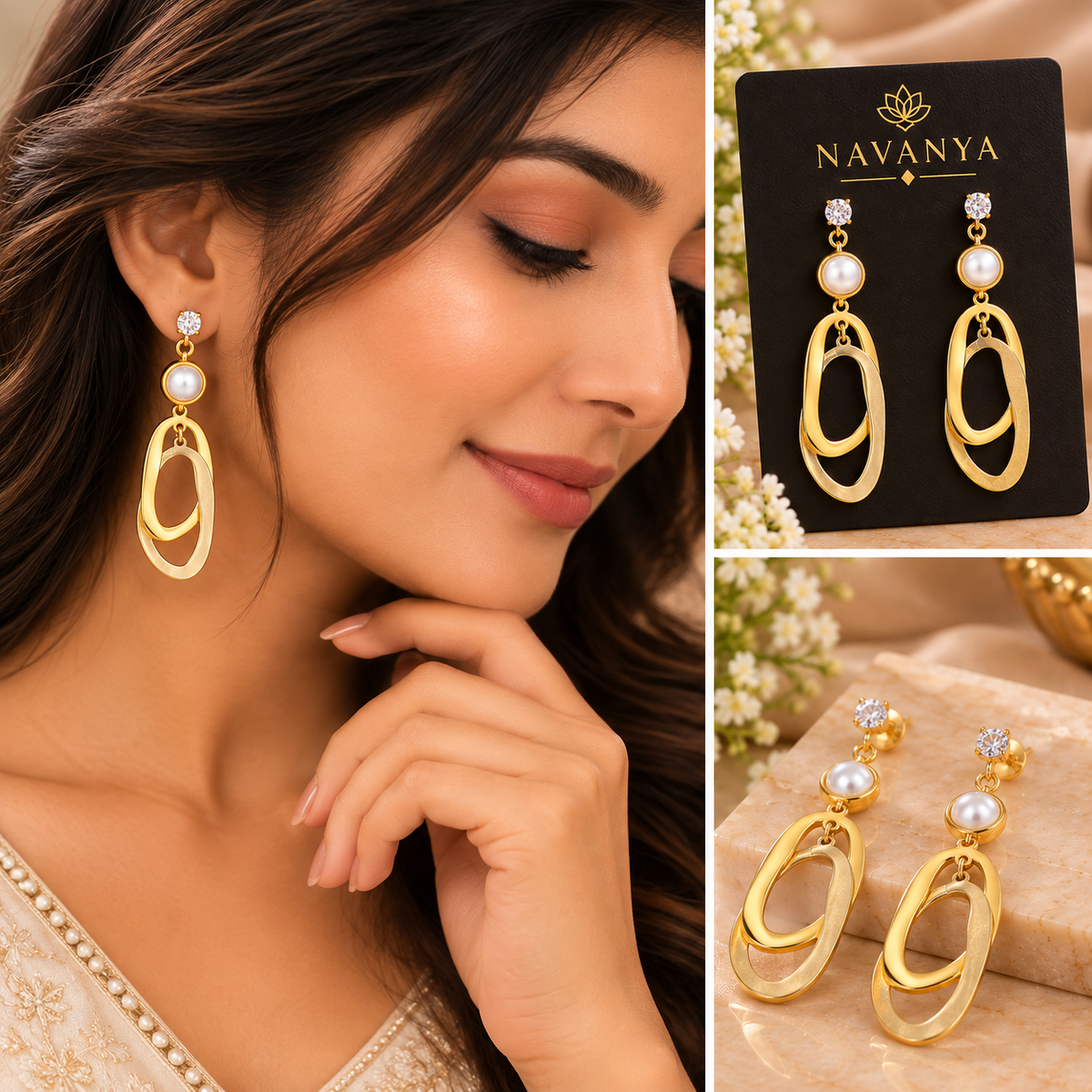Navanya Pearl Elegance Gold Drop Earrings