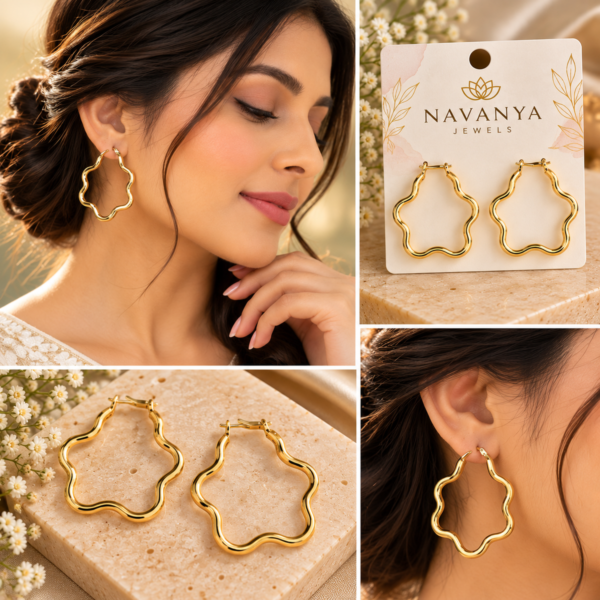 Golden Petal Wave Hoop Earrings