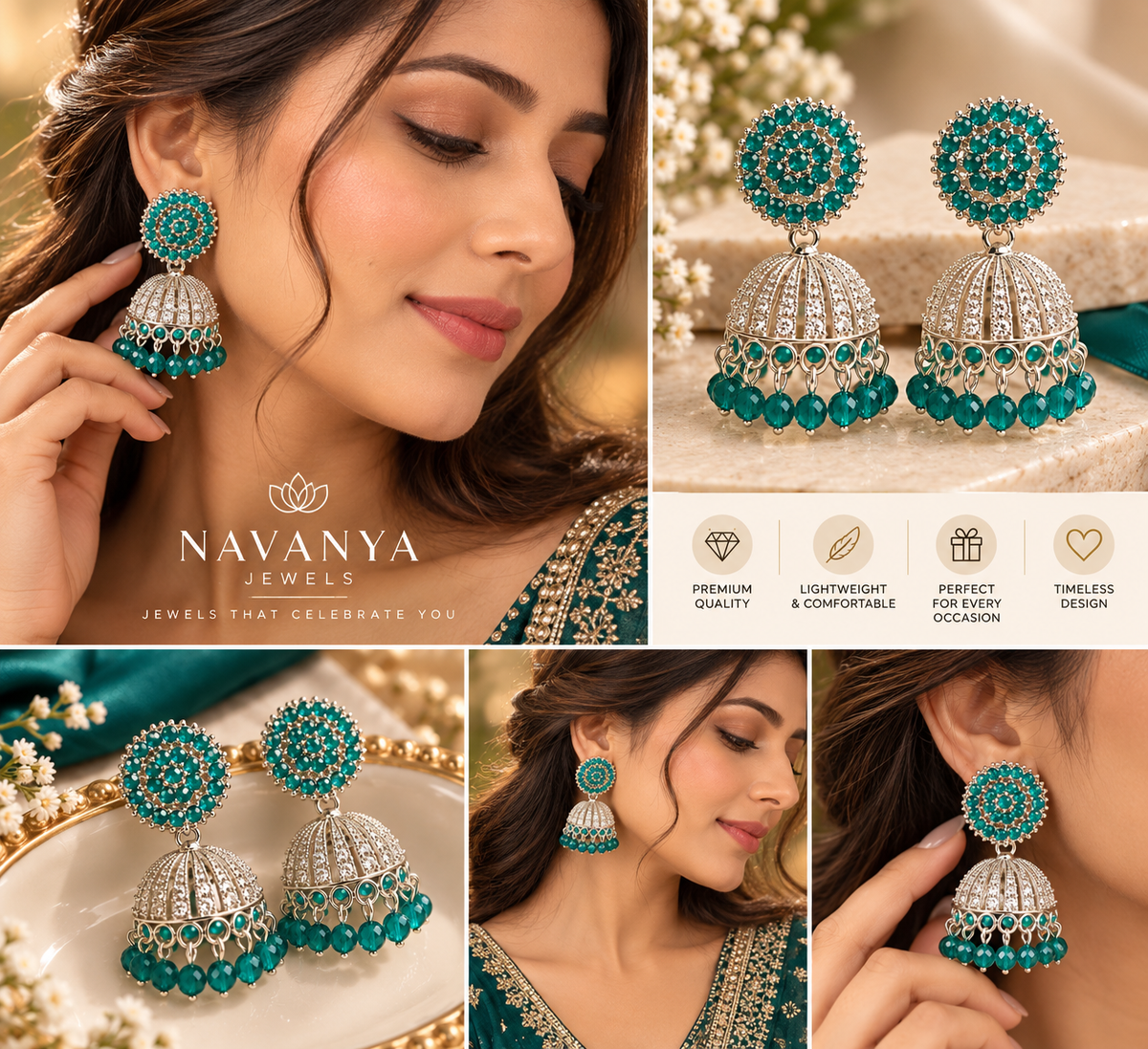 Emerald Grace Teal Jhumka Earrings