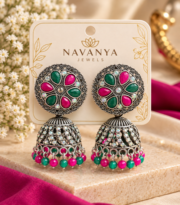 Royal Rani Pink & Green Jhumka Earrings