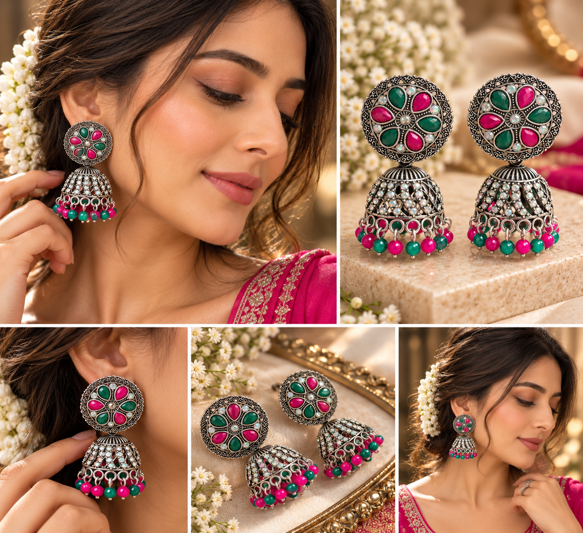 Royal Rani Pink & Green Jhumka Earrings