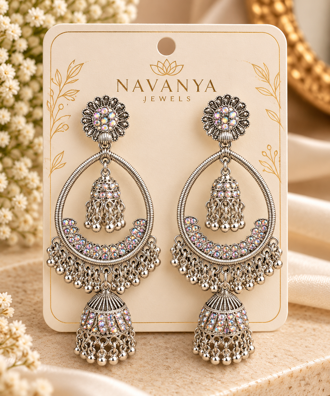 Royal Crystal Chandeliers – Silver Jhumka Earrings