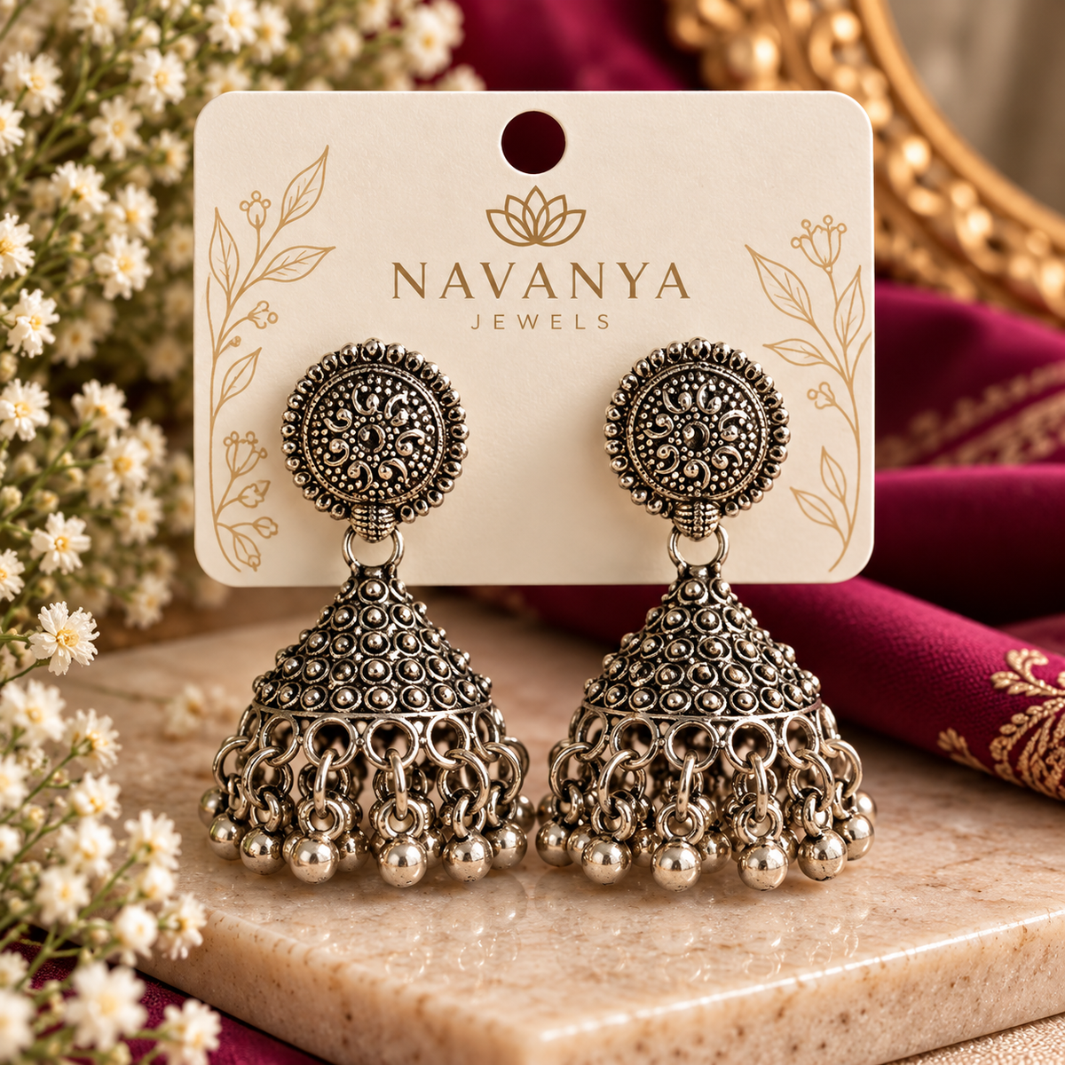 Antique Charm Oxidized Silver Jhumkas