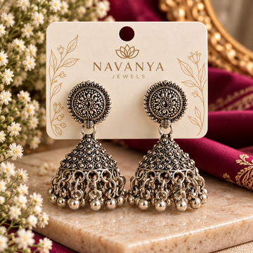 Antique Charm Oxidized Silver Jhumkas
