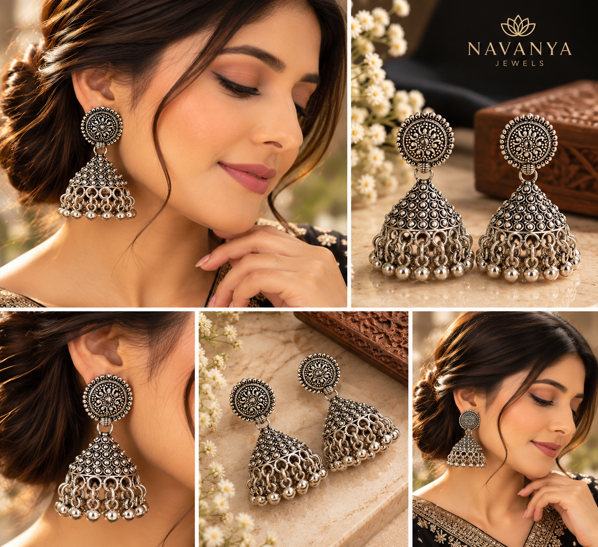 Antique Charm Oxidized Silver Jhumkas