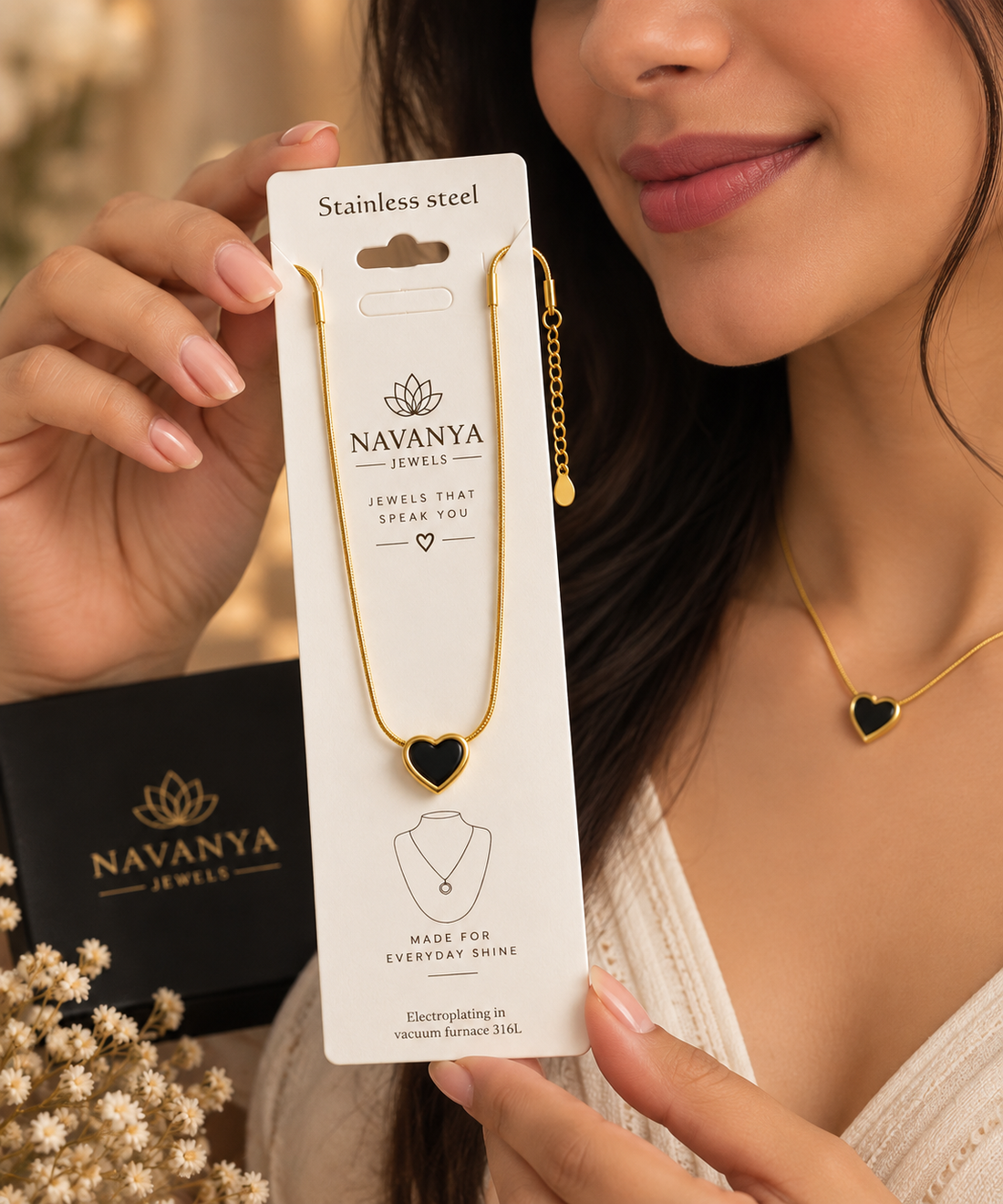 Navanya Black Heart Necklace