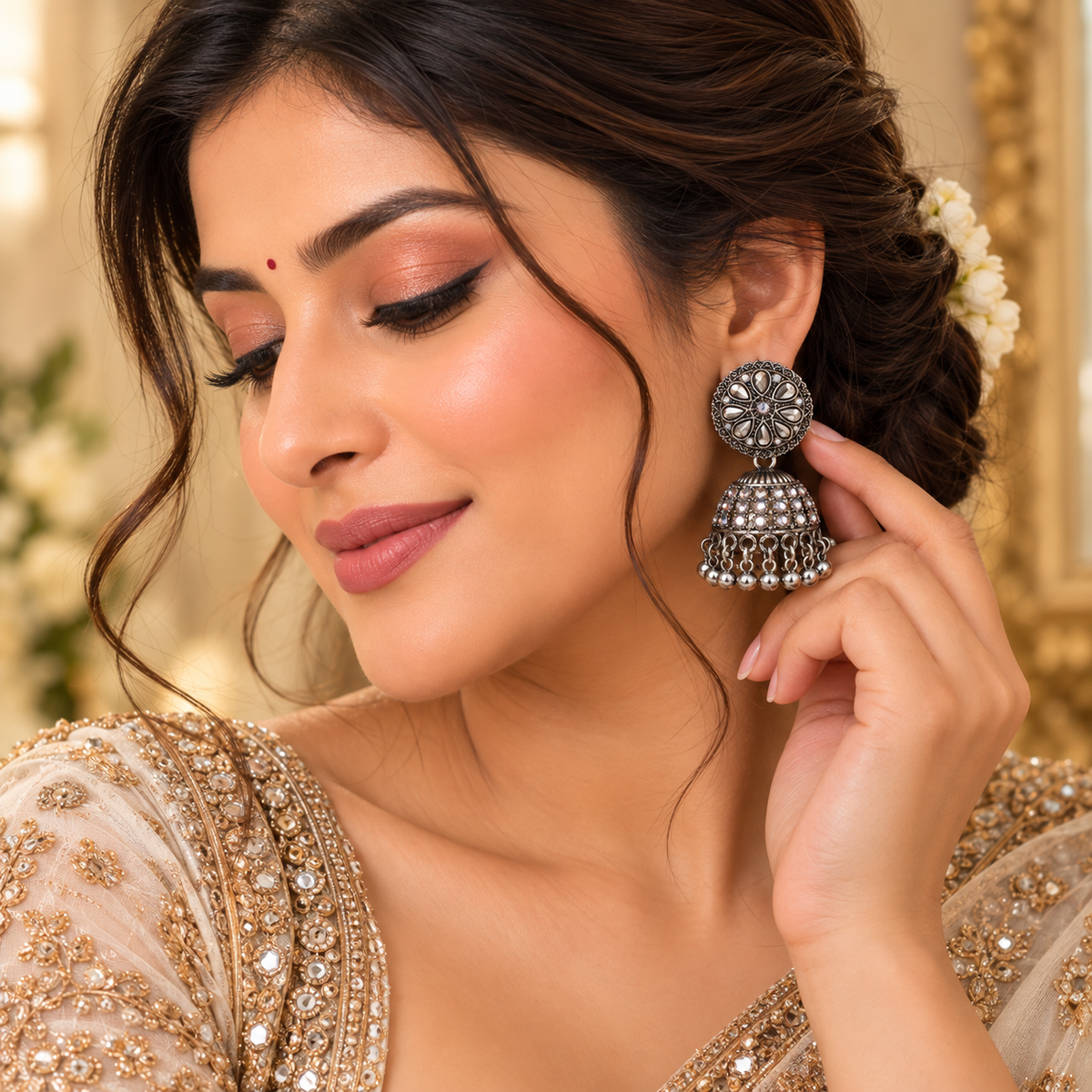 Antique silver floral jhumka earrings styled on a woman