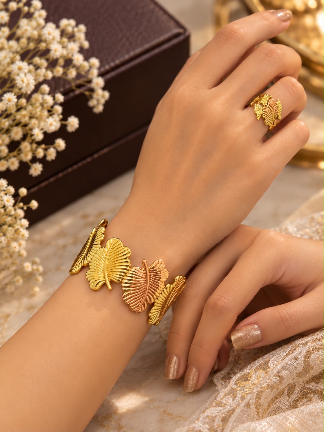 Navanya Golden Leaf Statement Cuff